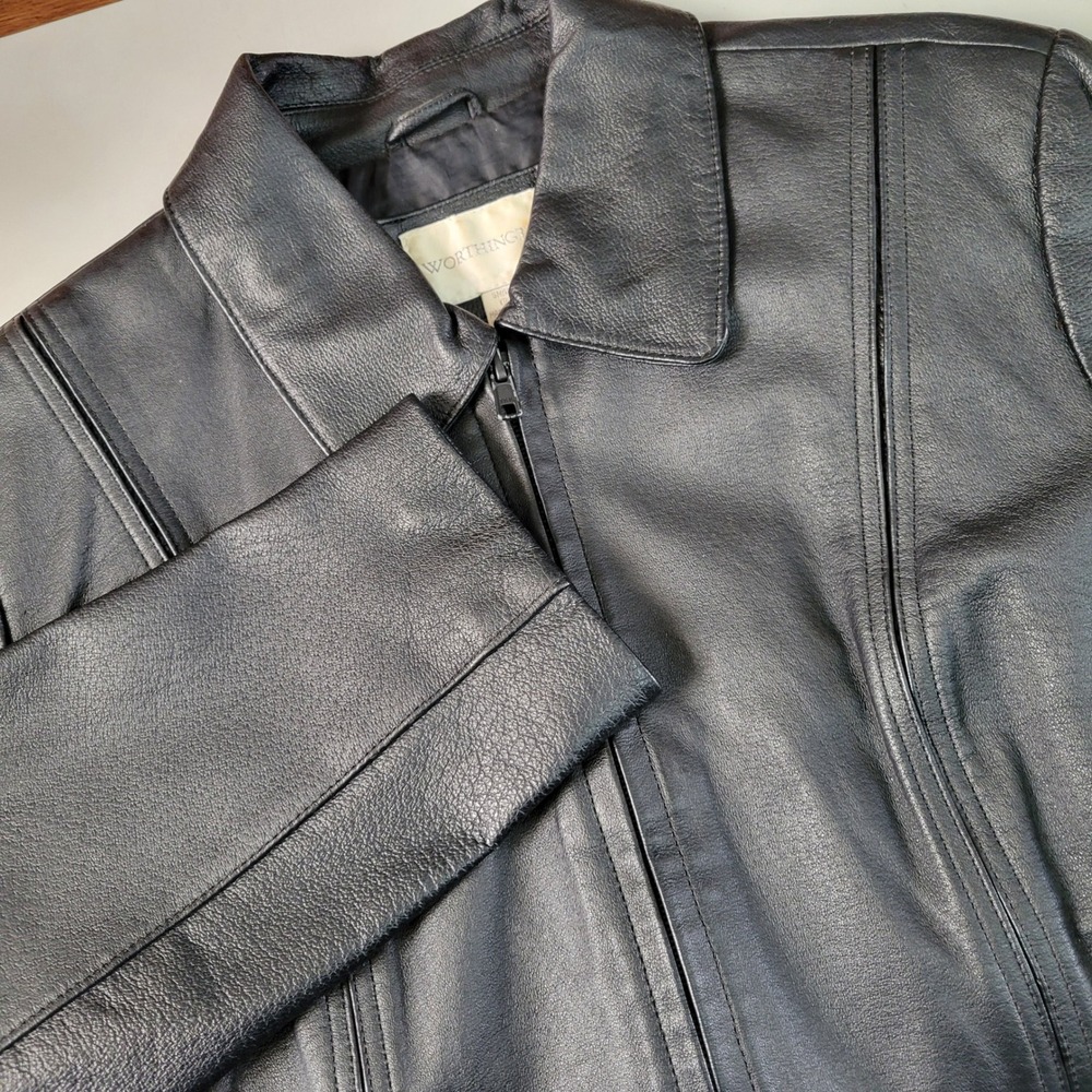 Worthington‎ Womens Black Genuine Leather Zip Up Moto Jacket Small 730152